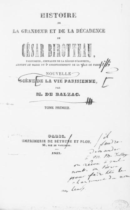 Page de titre avec corrections manuscrites de Balzac